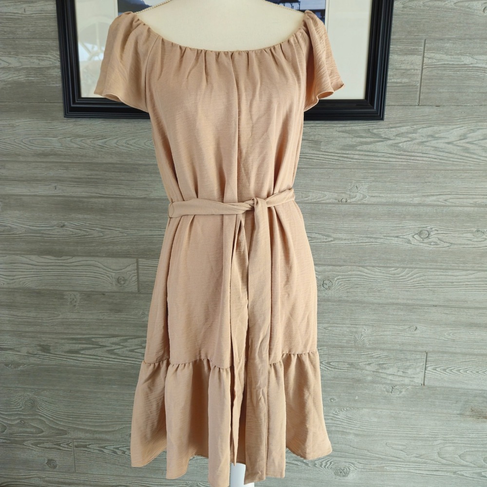 DKNY Womens Off The Shoulder Ruffle Mini Dress Sand Beige Belted Size 12 NWT